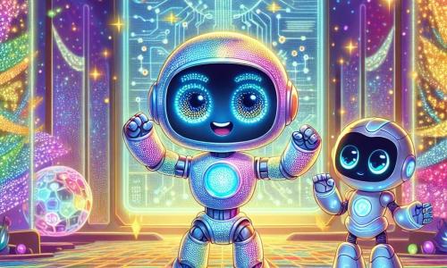 En el centro de la imagen, Lumix, un pequeño robot de colores vivos y metálicos, con ojos LED que brillan de emoción, se encuentra frente a una pantalla holográfica, con los brazos levantados en señal de determinación. Su cuerpo está cubierto de patrones luminosos que cambian de color, reflejando su entusiasmo. A su derecha, un androide amigable, un Guardián de las Estrellas, con armadura brillante y alas de luz, observa a Lumix con una sonrisa alentadora, sus ojos emitiendo un suave resplandor azul. A la izquierda, flota un holograma de C.O.R.E., la supercomputadora, con sus circuitos iluminados pulsando con energía vibrante, mostrando gráficos de datos. El escenario es el Jardín de Cristal, un espacio mágico lleno de árboles de fibra óptica de colores brillantes, flores cantantes y caminos brillantes, donde la luz danza en cada superficie. En el fondo, la silueta de la Torre Central se alza majestuosamente, rodeada de un campo de energía protectora. La situación principal muestra a Lumix enviando un mensaje urgente a C.O.R.E. para advertir a la ciudad sobre un asteroide amenazante, mientras las luces del jardín brillan a su alrededor, creando una atmósfera de misterio y aventura.