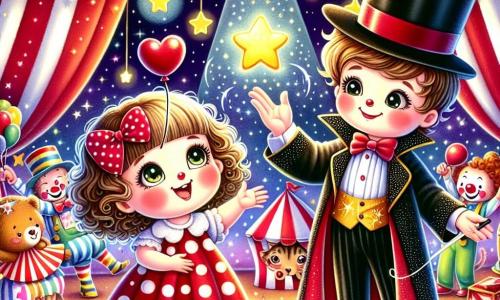 Una bambina di 2 anni, con grandi occhi brillanti e capelli ricci, indossa un vestito colorato a pois e tiene un palloncino rosso a forma di cuore. Sorride meravigliata, guardando un mago. Il mago, un uomo di circa 30 anni, indossa un grande cappello nero e un mantello scintillante. Si trova accanto a lei, sollevando le braccia per far apparire stelle brillanti nel cielo. Il circo è un luogo magico, pieno di colori vivaci: tende a righe rosse e bianche, luci scintillanti e animali vivaci. Sullo sfondo, i clown ridono e ballano, aggiungendo all'atmosfera festosa. In questa scena, la bambina e il mago stanno preparando un numero magico per lo spettacolo, circondati da risate e gioia, mentre le stelle iniziano a brillare nel cielo notturno.