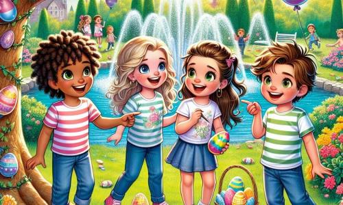 In a sunny park in Joyville, four children are gathered for an Easter egg hunt. Lily, a 10-year-old girl with curly hair and sparkling eyes, stands in the center smiling and explaining the rules while holding a drawing-filled map. Next to her, Mia, a 9-year-old with long, smooth hair in a ponytail, enthusiastically points to a large oak tree. Bella, an 8-year-old with braids and a striped t-shirt, crouches by a bush, painting an egg in bright colors. Ethan, a 10-year-old boy with messy brown hair, stands back holding a basket and laughing joyfully, ready to run for the hidden eggs. The park is filled with colorful flowers, majestic trees, and a gently splashing fountain, with balloons floating in the air, creating a festive atmosphere. The scene captures the children eagerly preparing for the hunt, with laughter and joyful shouts echoing around them.
