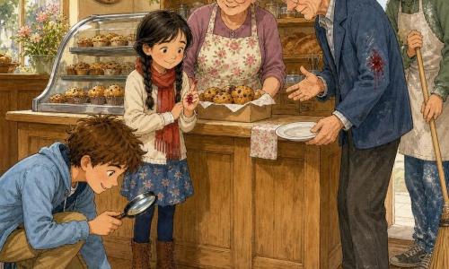 A warm bakery interior where a focused, smiling 10-year-old boy with tousled brown hair, wearing a light blue jacket and khaki pants, crouches at the counter inspecting a small trail of muffin crumbs with a round magnifying glass; Nia, about 9, with braided black hair and a red scarf, shyly shows a jam-stained little finger; Mrs. Green, about 60, gray hair in a bun and a floral apron, stands behind the light wood counter relieved, a 