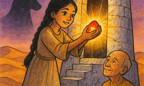 An adult woman with braided black hair and a sand-colored dress embroidered in gold, face luminous and determined, places a glowing orange-gold stone into a niche at the top of a cracked white stone lighthouse while an elderly man of about 70 with wrinkled skin and gentle eyes in a light ochre tunic watches from the bottom of the spiral stone stairs, hands crossed and admiring; a stylized Anubis spirit—a dark silhouette with a jackal head and starry eyes—floats mid-background observing without menace; wide openings reveal golden dunes and a violet-pink twilight sky, and warm magical golden beams burst from the stone across the dunes, creating an atmosphere of awakening and hope.