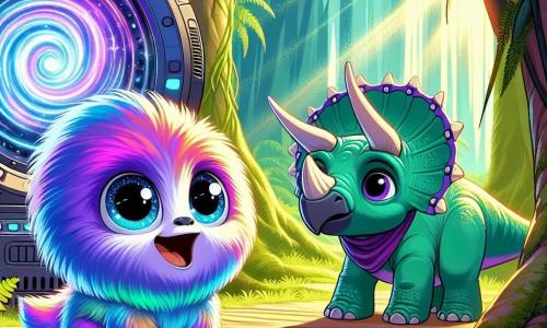 A small, round, fluffy creature with iridescent fur in bright colors (purple, blue, and green) expresses great curiosity with sparkling eyes and a wondrous smile. It stands in front of a futuristic machine, the Chrono-Explorer, which glows with a mysterious, swirling light. Next to it, a young Triceratops with green skin and majestic horns shows a look of relief and joy, rubbing against the small creature while gazing at the machine with fascination. The setting is a lush prehistoric forest filled with giant ferns and tall trees, where rays of sunlight break through the foliage, illuminating the scene with a soft golden light. The main situation shows the small creature and the Triceratops preparing to activate the time machine, eager to discover the wonders of the past, surrounded by an atmosphere of adventure and magic.