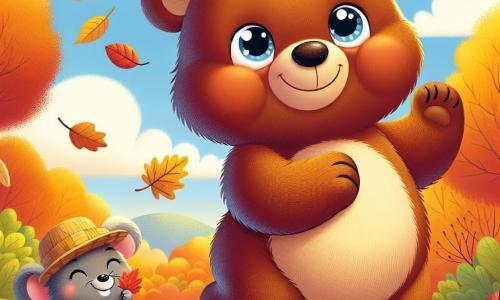 Um urso pardo chamado Bruno, com pelagem macia e olhos brilhantes de alegria, dança alegremente no meio de um tapete de folhas coloridas, com os braços levantados para o céu. Ao lado dele, um pequeno rato cinza com um sorriso travesso, usando um pequeno chapéu de palha, recolhe folhas com suas pequenas patinhas, olhando para Bruno com admiração. Ao fundo, uma paisagem outonal vibrante, com árvores de folhas douradas, um céu azul claro e algumas nuvens brancas e fofas. A cena mostra Bruno e o rato se divertindo juntos preparando sua casa para o inverno, cercados pela beleza radiante do outono.