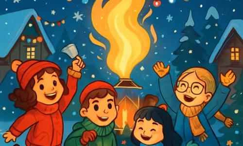 Există 4 personaje: - Mara: o fată de 10 ani, cu părul castaniu creț și ochi strălucitori. Poartă o jachetă roșie aprinsă și o căciulă de lână. Sari de bucurie, ținând în mână un clopot de argint. - Anca: o fată de 11 ani, cu părul blond împletit și ochelari rotunzi. Este îmbrăcată cu un palton albastru și o eșarfă cu modele. Zâmbește privind cerul înstelat, cu brațele ridicate în semn de sărbătoare. - Teodora: o fată de 10 ani, cu părul negru drept și breton. Poartă o rochie albă strălucitoare și mănuși de lână. Dansează cu grație, înconjurată de fulgi de zăpadă care cad în jurul ei. - Alex: un băiat de 12 ani, cu părul castaniu și un zâmbet prietenos. Este îmbrăcat cu o jachetă verde și o căciulă cu pompon. Stă lângă Mara, ținând o lanternă aprinsă care le luminează fețele. Locul unde se desfășoară situația principală este piața centrală a Orașului Zăpezii, iluminată de ghirlande de lumini colorate. Casele din lemn sunt acoperite cu un strat gros de zăpadă, iar fulgii strălucitori cad ușor din cerul nocturn. În centrul pieței, o lanternă mare de aur strălucește, înconjurată de decorațiuni festive și brazi de Crăciun ornamentați. Situația principală a poveștii arată cei patru prieteni sărbătorind Anul Nou, dansând și râzând sub un cer înstelat, în timp ce o mare flacără magică se ridică din lanternă, iluminând fețele lor uimit.