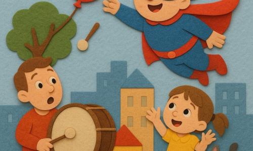 A smiling, round superhero in a shiny red felt cape and blue mask flies slightly tilted, reaching for a large red balloon; a 6-year-old brown-haired girl in pigtails and a yellow dress stands below at right with hands raised in wonder, a small gray tabby cat curls at her feet; at left a surprised adult drummer holds a wooden bass drum, watching the drumstick the hero catches midair; simple urban scene of colorful felt roofs, a textured green tree with the balloon’s branch, and a pastel blue sky with white felt clouds — bold shapes, bright colors, visible felt textures, soft outlines, and a child-safe composition.