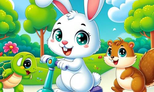 An illustration depicts a small white rabbit with big soft ears and sparkling joyful eyes. He is on a shiny blue scooter, smiling and full of energy, zigzagging through a colorful garden. Next to him, a small brown squirrel with a bushy tail and bright eyes jumps for joy, wearing a big smile and seeming very enthusiastic as she runs alongside him. A bit further away, an old green turtle with a rough shell and wise eyes moves slowly but determinedly, displaying a benevolent smile as he watches the two friends with pride. The main setting is a sunny garden filled with brightly colored flowers, tall trees with green leaves, and a soft, lush lawn. The sky is a bright blue, dotted with fluffy white clouds. The main scene shows the little rabbit playing with his friends, searching for shiny stones while having fun, illustrating the spirit of adventure and friendship that unites them. Other graphic elements include sparkling stones scattered on the ground, carrot-shaped muffins on a small table nearby, and rays of sunshine illuminating the scene, creating a joyful and welcoming atmosphere.