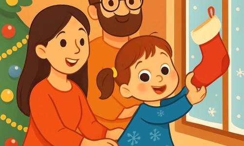 O fetiță de 4 ani, pe nume Mara, cu ochi mari și strălucitori și obraje roz, zâmbește cu uimire ținând în mâini un ciorap roșu pufos. Ea poartă o rochie din catifea albastră cu modele de fulgi de zăpadă, iar părul ei castaniu este prins în două cozi mici. Lângă ea, mama ei, o femeie de aproximativ 30 de ani, cu părul lung și brunet, zâmbește cu tandrețe ținând un scăunel albastru pentru a o ajuta pe Mara să agățe ciorapul la fereastră. Tata, un bărbat de aproximativ 35 de ani, cu o barbă moale și ochelari, stă în spatele lor, cu brațele încrucișate și un zâmbet mândru pe față, observând scena caldă. Scena se desfășoară într-o cameră cozy, decorată pentru Crăciun, cu un brad verde mare iluminat de ghirlande aurii și globuri colorate, iar fulgii de zăpadă cad ușor afară pe fereastră. Mara agăță ciorapul la fereastră, nerăbdătoare și veselă, înconjurată de familia ei, creând o atmosferă de fericire și magie de Crăciun.