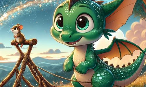 Un joven dragón llamado Drako, con escamas verdes brillantes y ojos llenos de curiosidad, se encuentra en una colina, sonriendo con entusiasmo mientras se prepara para saltar al aire con una gran catapulta hecha de ramas y hojas. A su lado, su mejor amigo, un pequeño ratón llamado Rufus, con pelaje marrón y ojos traviesos, observa con emoción, las patas levantadas en señal de alegría, listo para vivir la aventura. Al fondo, un hermoso cielo estrellado ilumina el paisaje, mientras árboles majestuosos con hojas brillantes rodean la escena, creando una atmósfera mágica. La situación principal muestra a Drako y Rufus volando por los aires, con el viento soplando en sus rostros, llenos de alegría infantil, mientras se preparan para descubrir el mundo más allá de las nubes.