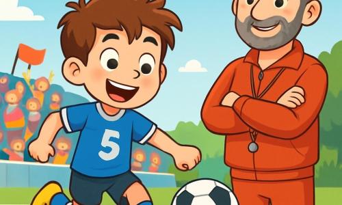 Un joven llamado Lucas, de unos 10 años, está en el centro de la imagen. Tiene el cabello castaño desordenado, ojos brillantes de alegría y una amplia sonrisa en su rostro, mostrando su emoción. Lleva una camiseta de fútbol azul con el número 5, un pantalón corto negro y zapatillas deportivas amarillas. Lucas está golpeando un balón de fútbol con energía, con una mirada concentrada y decidida. A su lado, su entrenador, el señor Ramón, un hombre de unos 40 años con cabello canoso y barba bien cuidada, observa con orgullo. Lleva un silbato al cuello y un chándal rojo, con los brazos cruzados, sonriendo mientras anima a Lucas. Al fondo, el campo de fútbol es verde, con líneas blancas bien marcadas. Las gradas están llenas de espectadores coloridos que agitan banderas y aplauden, creando un ambiente festivo. El cielo es azul con algunas nubes blancas, y el sol brilla, iluminando la escena. La situación principal muestra a Lucas realizando un tiro libre, concentrado y listo para marcar un gol, mientras sus compañeros se agrupan a su alrededor, impacientes y entusiasmados, listos para celebrar un posible éxito.