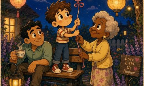 A tender dusk scene in a small nighttime garden: a round-faced 10-year-old boy with tousled chestnut hair and wide bright eyes stands calmly on a wooden bench holding the ribbon of a pastel balloon; Nana, a smiling wrinkled woman of about 70 with short silver hair and a pale yellow cardigan, gently places her hand on the ribbon and looks at the balloon with affection; a reassuring-looking father in his 40s in a casual shirt sits slightly back on the bench offering a cup of tea and watching proudly. Lanterns and string lights cast warm halos over purple lavender borders and a painted pebble spiral path; warm palette (yellow, peach, pastel pink) contrasts with deep twilight blue. Graphic style: soft lines, rounded rubber-hose cartoon forms, light paper textures, soft shadows, and exaggerated, child-friendly expressions.