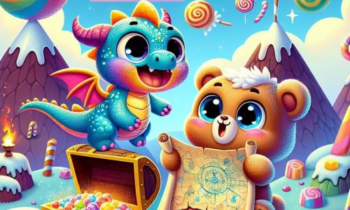 Un piccolo drago colorato di nome Lupo, con squame brillanti di mille colori e grandi occhi curiosi, si trova sulla cima di una montagna di gelato, sorridendo mentre guarda un tesoro scintillante davanti a lui. Accanto a lui, un orsetto di peluche di nome Bibi, con un pelliccia morbida e marrone, occhi brillanti di gioia, salta di felicità tenendo una mappa antica tra le sue piccole zampe. Il paesaggio è incantevole: un cielo azzurro punteggiato di nuvole a forma di caramelle, montagne di zucchero filato e fiumi di cioccolato si snodano attraverso un paesaggio magico. La scena principale mostra Lupo e Bibi che scoprono insieme un forziere pieno di caramelle colorate e giocattoli magici, simboleggiando la loro amicizia e il loro spirito avventuroso.
