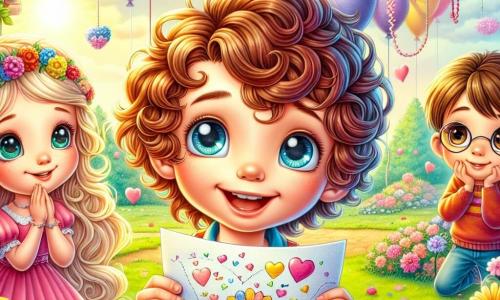 Un ragazzo di 7 anni di nome Leo, con capelli ricci e occhi pieni di curiosità, si trova al centro dell'immagine, con un grande sorriso sul volto, mentre tiene una lettera colorata tra le mani. Accanto a lui, una ragazza di 7 anni di nome Sara, con capelli lunghi e biondi, indossa un vestito rosa e guarda Leo con meraviglia, gli occhi brillanti di gioia. Un altro ragazzo di 7 anni, Giacomo, con capelli castani e occhiali rotondi, è leggermente in disparte, con un'espressione timida ma felice, osservando Sara con ammirazione. La scena si svolge in un giardino incantevole, pieno di fiori multicolori che danzano al vento, con palloncini e ghirlande decorative appese agli alberi. Il sole splende dolcemente, creando un'atmosfera calda e magica. I protagonisti stanno celebrando San Valentino, circondati da decorazioni festive, mentre Leo presenta la lettera d'amore a Giacomo, creando un momento di sorpresa e felicità condivisa.