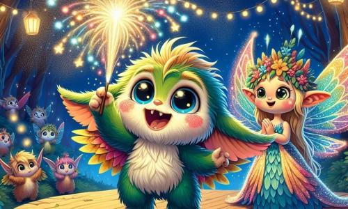 Mały magiczny stworek z jaskrawozielonym futrem i szerokim uśmiechem stoi na drewnianej scenie ozdobionej kolorowymi liśćmi i kwiatami. Jego oczy świecą ekscytacją, gdy wypuszcza świetliste iskry w nocne niebo. Obok niego znajduje się urocza skrzydlata istota z błyszczącymi skrzydłami w kolorach tęczy, która z zachwytem aplauzuje, z różowymi policzkami od entuzjazmu. Scena rozgrywa się na zaczarowanej polanie, oświetlonej lampionami zawieszonymi na drzewach, gdzie magiczne stworzenia zbierają się, aby świętować Nowy Rok. Girlandy kwiatów i migoczące światła tworzą festywną i przytulną atmosferę. Główny bohater przygotowuje pokaz fajerwerków, wypuszczając magiczne iskry w niebo, podczas gdy wszyscy przyjaciele go otaczają, niecierpliwie czekając na spektakl, który rozświetli gwiaździstą noc.