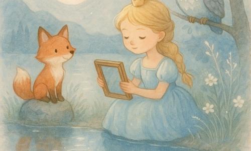Una princesa (niña) sentada al borde de un lago espejo, rostro sereno y concentrado, cabello rubio trenzado y vestido azul pastel ligeramente abullonado, sostiene delicadamente un pequeño marco de madera antiguo que va recobrando su equilibrio; a la izquierda, un zorro rojo (chico animal) sentado sobre una piedra con mirada maliciosa y cola frondosa la observa inclinando la cabeza; detrás, sobre una rama baja, una lechuza gris (hembra animal) de ojos redondos y plumaje suave parece dar consejos en silencio; varios pececillos plateados brillan bajo la superficie formando círculos luminosos que reflejan la luna; la orilla está cubierta de altas hierbas plateadas y flores blancas, montañas azules difusas a lo lejos y una gran luna redonda que arroja una luz suave; la princesa escucha y acaricia el marco mientras el viento levanta mechones y el agua refleja la escena en dobles pálidos.