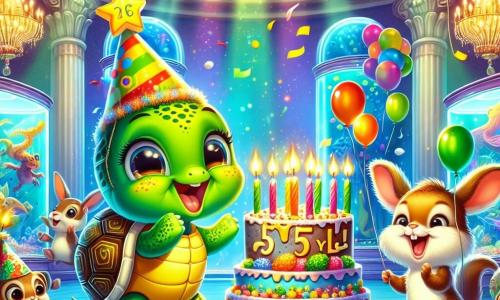 Ilustración que representa una pequeña tortuga verde con patrones amarillos en su caparazón, expresando gran alegría y una sonrisa radiante. Lleva un sombrero de fiesta amarillo con una estrella en la cima y sostiene un pastel de cumpleaños decorado con velas de colores. A su lado, una pequeña ardilla marrón con una cola esponjosa y ojos brillantes, saltando de alegría mientras aplaude. Un poco más lejos, un pequeño conejo blanco con orejas grandes, con una expresión entusiasta, agitando globos de colores. El escenario se sitúa en un museo mágico, lleno de cuadros vibrantes que representan animales bailando y esculturas fantásticas. Las paredes están adornadas con colores brillantes, y acuarios luminosos añaden un toque de ensueño a la atmósfera. La situación principal muestra a la tortuga y sus amigos celebrando su cumpleaños con risas, juegos y un pastel, rodeados de sorpresas y descubrimientos maravillosos. Elementos adicionales incluyen guirnaldas de colores vivos colgando del techo, confeti flotando en el aire y destellos de luz provenientes de los acuarios, creando una atmósfera festiva y alegre.