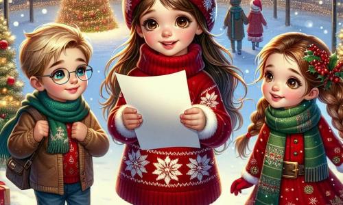 Una ragazza di 11 anni, Sofia, si trova al centro dell'immagine, con lunghi capelli castani e occhi pieni di curiosità. Indossa un maglione rosso con motivi di fiocchi di neve e un sorriso radioso, mentre tiene una lettera di carta tra le mani, piena di eccitazione e speranza. Accanto a lei, il suo amico Leo, un ragazzo di 12 anni con capelli biondi e occhiali, guarda la lettera con un'espressione meravigliata, indossando una sciarpa verde e un cappotto blu. Poco più in là, Marta, un'altra amica di 11 anni con capelli castani e trecce, si avvicina sorridendo, indossando un berretto di Natale rosso e un vestito a motivi festivi. Lo scenario si svolge in un parco invernale, dove la neve copre il suolo come un morbido tappeto bianco. Alberi decorati con luci scintillanti si ergono intorno a loro, mentre un grande albero di Natale illuminato svetta maestoso sullo sfondo. Fiocchi di neve cadono dolcemente dal cielo, creando un'atmosfera magica e gioiosa. La situazione principale mostra Sofia, Leo e Marta riuniti attorno alla lettera per Babbo Natale, pronti a vivere un'avventura natalizia, con sorrisi sui loro volti, circondati dalla bellezza invernale e dallo spirito festivo che li avvolge.