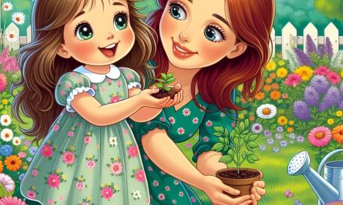 Ein 4-jähriges Mädchen namens Lila mit langen braunen Haaren und funkelnden Augen hockt in einem bunten Garten, umgeben von leuchtenden Blumen in allen Farben. Sie trägt ein leichtes Blumenkleid und hat ein breites Lächeln im Gesicht, während sie ein kleines Pflänzchen in die Erde setzt. Neben ihr steht ihre Mama, eine etwa 30-jährige Frau mit braunen Haaren und einem liebevollen Lächeln, die stolz zuschaut, während sie in einer Hand eine Gießkanne und in der anderen eine Tüte Samen hält. Der Garten ist ein zauberhafter Ort, gefüllt mit bunten Blumen, schwirrenden Schmetterlingen und einem klarblauen Himmel, der mit einigen weißen, flauschigen Wolken gesprenkelt ist. Die Bäume am Rande des Gartens verleihen der frühlingshaften Szene eine frische Note. Die Hauptsituation zeigt Lila, die ungeduldig eine Samen in die Erde pflanzt, während ihre Mama sie zärtlich ermutigt und so einen magischen Moment der Entdeckung und Verbindung mit der Natur schafft.