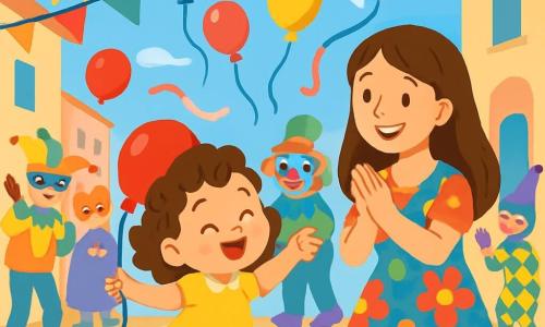 A 2-year-old girl named Mia, with curly hair and sparkling eyes, wears a bright yellow dress and red shoes. She joyfully dances with a big smile, holding a shiny red balloon in her hand. Next to her, her mother, a smiling woman around 30 with long brown hair, wears a colorful dress and claps while watching her daughter. The setting is a lively street decorated with bright garlands, floating balloons, and pink ribbons dancing in the wind. People in fun costumes and colorful masks gather around them, creating a festive and joyful atmosphere. The main scene shows Mia and her mother dancing together in the midst of the celebration, surrounded by laughter and music, while the sun shines high in the blue sky.