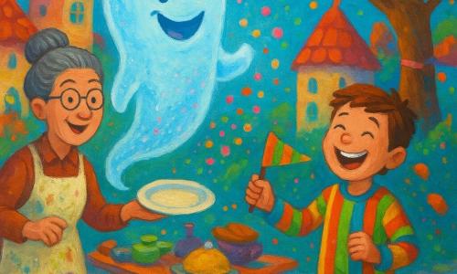 Een vrolijke, lichtgevende geest genaamd Gaston zweeft in het midden met een speelse glimlach, doorschijnend in lichtblauw en parel met roze glitters en blaast confettibellen; een verlegen jongen van ~9 jaar in kleurrijke pyjama en sokken op de oren lacht rechts en houdt een oranje-groen gestreept slinger; mevrouw Spriet, uitvindster van ~40 jaar met grijs haar in een knot en een beschilderd schort, staat links en toont knipogend een glanzend leeg bord — de Onzichtbare Taart; een rond pinguïn op een klein ijsplateau wappert met een vleugel; scène: dagfeest op een betoverd dorpsplein met snoepdakhuizen, bomen met sokvormige bladeren, lichtslingers en vallende confetti, gekleurde keien en een omgegooide tafel vol vreemde gerechten, dynamische compositie, verzadigde kleuren en zichtbare acrylverfstructuur.