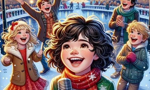 In a snowy park, five children are having fun together under a starry sky. Max, a 10-year-old boy with messy brown hair and a bright smile, is at the center holding a microphone and laughing with his friends. To his right is Lily, a 9-year-old girl with curly black hair, wearing a red scarf and gloves, joyfully clapping. 

To Max's left, Sam, an 11-year-old boy in a wheelchair, smiles enthusiastically, holding a microphone, ready to tell a joke. Just behind them, Mia, a 10-year-old girl with blonde hair in a sparkly dress, dances gracefully, lighting up the scene with her joy. Finally, Owen, a 10-year-old boy with glasses and brown hair, stands at the back, laughing heartily, ready to share a new joke.

The park is decorated with twinkling lights and gently falling snowflakes, creating a magical atmosphere. Fireworks explode in the sky, illuminating the happy faces of the children, while a large decorated snowman stands beside them, adding a festive touch to the scene.

The main focus shows the children celebrating New Year's together, sharing laughter and moments of happiness, surrounded by a warm and festive atmosphere.