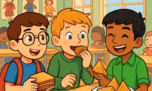 There are three characters: Ben, an 11-year-old boy with brown hair and glasses, wearing a blue t-shirt and beige pants, standing on the left, smiling and holding his backpack; Liam, an 11-year-old boy with blond hair and freckles, wearing a green sweater and jeans, in the center, curiously tasting a piece of Irish bread; and Raj, an 11-year-old boy with black hair and brown skin, wearing a shiny green shirt and shorts, on the right, smiling and holding a plate of samosas, ready to share his food. The setting is a school cafeteria with colorful wooden tables and walls decorated with children's drawings representing cultures from around the world. Flags from different countries hang from the ceiling, and sunlight streams in through the windows, creating a warm and welcoming atmosphere. The main scene shows the three boys sitting together at a table, exchanging typical dishes from their respective cultures. Ben shares his doce de leite sandwich, Liam tastes a samosa with a big smile, and Raj laughs while showing how to eat with hands. They are surrounded by other curious children, illustrating the joy of diversity and friendship.