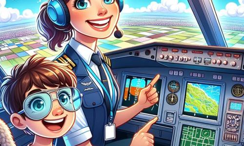 Una piloto llamada Sofía está en la cabina de un avión, sonriendo y llena de energía, con gafas de piloto y un uniforme azul. Tiene el cabello castaño recogido en una coleta y mira con entusiasmo a través del parabrisas, mientras los nubes blancas flotan a su alrededor. A su lado, un niño llamado Tomás, de unos 8 años, está sentado en el asiento del pasajero. Tiene el cabello castaño y ojos brillantes de curiosidad, lleva una camiseta roja y un pantalón corto. Mira maravillado por la ventana, señalando las nubes como si quisiera tocarlas. La escena ocurre en la cabina de un avión moderno, con instrumentos coloridos y pantallas brillantes que muestran mapas de vuelo. Afuera, el cielo es de un azul brillante, salpicado de nubes esponjosas, y debajo se puede ver un paisaje de ciudades y campos. Sofía está lista para despegar, mientras Tomás descubre la magia de volar, ambos llenos de emoción y aventura.
