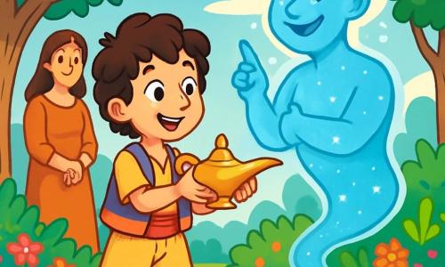 Aladdin, een jonge jongen met krullend haar en nieuwsgierige ogen, staat voor een oude metalen lamp met een verwonderde glimlach op zijn gezicht. Hij draagt een kleurrijke tuniek en versleten sandalen. Naast hem zweeft de Djinn, een schitterend hologram met vloeiende en heldere vormen, in de lucht met een vriendelijke en aanmoedigende uitdrukking. Op de achtergrond kijkt Aladdin's moeder, een vrouw van in de veertig met lang bruin haar, trots toe. Ze draagt een eenvoudige jurk en kijkt haar zoon aan met liefdevolle ogen. De scène speelt zich af in een geheime tuin, vol stralende bloemen en weelderige planten, onder een heldere blauwe lucht met donzige witte wolken. Majestueuze bomen met dikke stammen omringen de tuin en creëren een magische en vredige sfeer. Aladdin, met de lamp in de hand, staat op het punt zijn eerste wens te doen, zijn hart klopt van opwinding en hoop, terwijl de Djinn hem aanmoedigt met een stralende glimlach, klaar om zijn dromen werkelijkheid te maken.