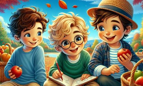 Três meninos, Miguel, Pedro e João, com idades entre 8 e 9 anos, estão sentados em um grande tapete de folhas coloridas. Miguel, com cabelos castanhos e cacheados, usa uma camiseta azul e um short bege, sorrindo enquanto segura uma folha vermelha. À sua direita, Pedro, com cabelos loiros e óculos, veste um suéter verde e uma calça preta, desenhando com um lápis em um caderno. À esquerda, João, com cabelos castanhos e um chapéu de palha, usa uma camisa xadrez e jeans, mordendo uma maçã crocante com um grande sorriso. O cenário é um lindo pomar de maçãs no outono, cercado por árvores com folhas vibrantes em tons de laranja, amarelo e vermelho. O chão está coberto por um espesso tapete de folhas que estalam sob os pés, e o céu é de um azul brilhante, salpicado de algumas nuvens brancas. Os meninos estão fazendo um piquenique alegre, cercados por cestos cheios de maçãs brilhantes, rindo e compartilhando histórias, enquanto uma brisa suave faz as folhas dançarem ao seu redor, criando uma atmosfera calorosa e festiva.
