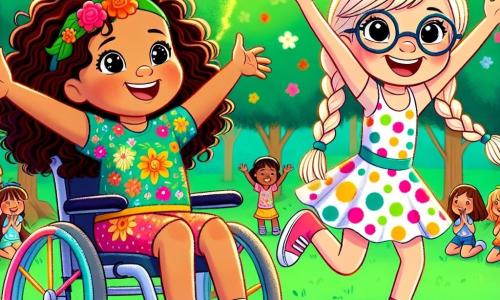 Uma menina de 8 anos, Clara, está sentada em sua cadeira de rodas, com um grande sorriso no rosto. Ela tem cabelos cacheados castanhos, olhos brilhantes de alegria e usa uma camiseta colorida com estampas de flores. Clara está dançando alegremente, com os braços levantados, cercada por uma aura de felicidade. Ao lado dela, sua melhor amiga, Sofia, também de 8 anos, usa óculos redondos e tem cabelos loiros trançados. Ela pula entusiasmada, com os braços abertos, demonstrando sua alegria contagiante, vestindo um vestido de bolinhas coloridas. O cenário é um parque ensolarado, cheio de árvores verdes e flores vibrantes, com outras crianças brincando ao longe e risadas no ar. O chão é coberto de grama verde e macia, criando uma atmosfera alegre e acolhedora. A cena principal mostra Clara e Sofia dançando juntas em uma competição de talentos, com aplausos e sorrisos ao redor, ilustrando a força de sua amizade e sua alegria de viver.