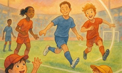 Leon, lächelnd und konzentriert, kurz braune Haare, weiches Gesicht, blaues Trikot und weiße Fußballschuhe, hat gerade die entscheidende Vorlage gespielt und streckt das Bein in einer fließenden Bewegung; Ben (etwa 22), blond und leicht zerzaust, freudig überrascht, schießt gerade, der Ball verlässt sein Fuß; Mira (etwa 20), schwarze zusammengebundene Haare, ermutigender Blick, links bereit zu unterstützen, leicht geöffnete Hände; auf den Rängen ein etwa 9‑jähriges Mädchen mit zwei Zöpfen und roter Kappe winkt begeistert, daneben ein etwa 9‑jähriger Junge mit Sommersprossen und gelber Kappe staunt; Stadion bei Dämmerung: glänzender grüner Rasen, klare weiße Linien, bunte Tribünen mit einigen Zuschauern, warme Flutlichter mit Lichtkegeln, sanfter Himmel mit einer runden Wolke wie ein Ball; Hauptszene: entscheidender Spielmoment, Ballbahn als leuchtender Bogen sichtbar, Freude und Teamgeist deutlich, Bewegungen in fließenden Aquarellstrichen und lasierten Farben, warme kollektive Atmosphäre.
