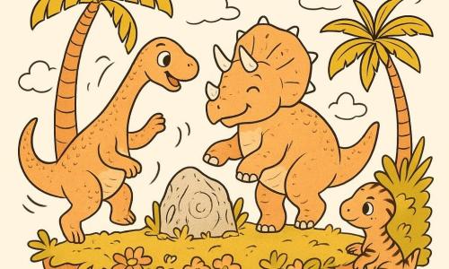 Ein junger fröhlicher Diplodocus mit langem schlankem Hals und schuppiger Haut tanzt auf den Hinterbeinen und schwingt seinen Hals wie einen wehenden Schal, daneben ein weiser, massiger alter Triceratops mit drei kurzen Hörnern und gezacktem Nackenschild, der den Kopf nickt und mit der Pfote den Takt klopft; ein schüchterner kleiner Heterodontosaurus mit Rückenstreifen tritt aus einem blühenden Busch und gesellt sich vorsichtig dazu. Die Szene spielt auf einer schwebenden Insel in weichen Wolken mit breiten Palmen, herabhängenden Blumen und einem großen, glänzenden, mit Lianen bewachsenen Felsen in der Mitte: alle tanzen gemeinsam um einen sanft pulsierenden „Traumstein“, die Stimmung ist festlich und lebhaft, Bewegung und Lachen sichtbar.