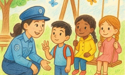 O polițistă zâmbitoare și binevoitoare, ~35 ani, păr brun prins în coadă, uniformă bleu cu insignă rotundă, se gândește ghemuită lângă un leagăn de lemn întinzând mâna să liniștească copiii; în dreapta ei băiatul Radu (~8 ani), păr negru scurt, rucsac roșu, numără pe degete cu expresie mândră și concentrată; două fetițe—una de 7 ani cu palton galben și una de 5 ani cu părul împletit—se leagă timid, câte una de fiecare parte; parc luminos cu peluză verde, flori colorate, copac mare cu frunze verzi, bancă de lemn, raze blânde de soare și câțiva fluturi; atmosferă calmă, prietenoasă și ordonată; stil vizual: tușe moi de creion, contururi ușor texturate, culori vii și pastel, hachuri subtile pentru umbre, zâmbete clare și gesturi de reconciliere.