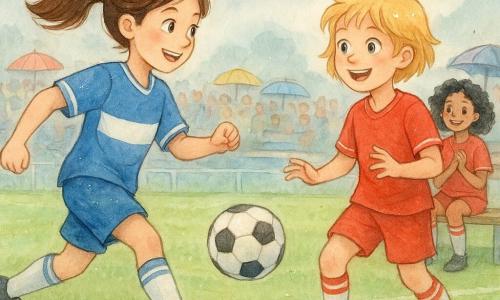 Eine junge Frau, Lina, lächelnd und entschlossen, trägt ein blau-weißes Fußballtrikot, ihr braunes Haar zu einem Pferdeschwanz gebunden. Sie macht einen präzisen Pass auf einem Fußballfeld. Neben ihr steht ein 10-jähriges Mädchen, Maya, mit kurzen blonden Haaren und einem roten Trikot, bereit, den Ball zu empfangen, die Augen voller Begeisterung. Im Hintergrund sitzt Sara, ein 11-jähriges Mädchen mit lockigen schwarzen Haaren, auf der Ersatzbank und applaudiert ihren Mitspielerinnen mit einem ermutigenden Lächeln. Das Fußballfeld ist grün, leicht feucht vom Regen, mit klar markierten weißen Linien und Tribünen voller fröhlicher Zuschauer unter bunten Regenschirmen. Die Hauptszene zeigt Lina und Maya in Aktion und fängt den Teamgeist und die Kameradschaft auf einem Fußballfeld an einem bewölkten, aber lebhaften Tag ein.