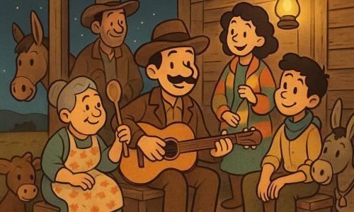 Hombre principal: Tomás, adulto, bigote, sombrero de fieltro marrón, chaqueta de cuero gastada, sentado en el porche de madera con una guitarra, mirada serena y sonriente; Mujer secundaria: Doña Clara, de mediana edad, pequeña y redonda, cabello gris en moño, delantal floreado, con una cuchara grande, sentada a la izquierda; Mujer secundaria: Lila, viajera de unos 25 años, abrigo colorido, botella de limonada, cabello rizado, marcando el ritmo, junto a la lámpara; Hombre secundario: Nube, adolescente de ~18 años, pañuelo azul, pantalón de lona, marcando el tempo con el pie desde una caja a la derecha; Otros: Mateo y Julián, viajeros adultos con ropas gastadas, algo atrás cantando; Animales: caballo Chispa apoyado en la baranda, burro Trueno pequeño con campana, un ternero curioso en la sombra del granero; Lugar: viejo porche de madera con lámpara de aceite, pacas de heno y cielo nocturno estrellado; Situación: escena cálida y comunitaria al crepúsculo, estilo cartoon retro de contornos suaves, gente cantando junta tras la tormenta.