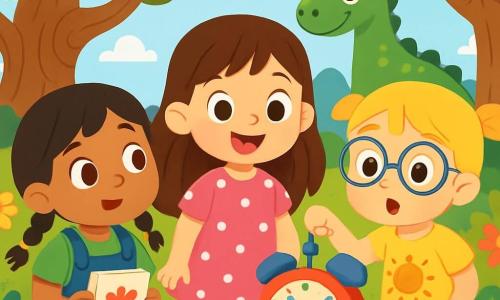 Hay 3 personajes: - Sofía: una niña de 3 años con cabello largo castaño y ojos brillantes. Lleva un vestido rosa con lunares blancos y tiene una gran sonrisa en su rostro. Está en el centro, mirando el objeto misterioso. - Lucía: una niña de 3 años con cabello rubio en dos coletas y gafas redondas. Lleva una camiseta amarilla con un dibujo de sol y está tocando el botón azul del despertador, con los ojos muy abiertos. - Martina: una niña de 3 años con cabello negro y trenzas. Lleva un overol de mezclilla y una camiseta verde. Está a la izquierda, sosteniendo un pequeño cuaderno de dibujos y observando el paisaje con curiosidad. El lugar es un jardín encantado, lleno de flores coloridas, grandes árboles con troncos retorcidos y un cielo azul brillante. Al fondo, hay un dinosaurio verde con escamas brillantes cerca de un árbol, mirando a los niños con una expresión amigable. La situación principal muestra a las tres amigas descubriendo un viejo despertador mágico que las ha transportado en el tiempo, rodeadas de la belleza salvaje y fascinante de este mundo prehistórico.