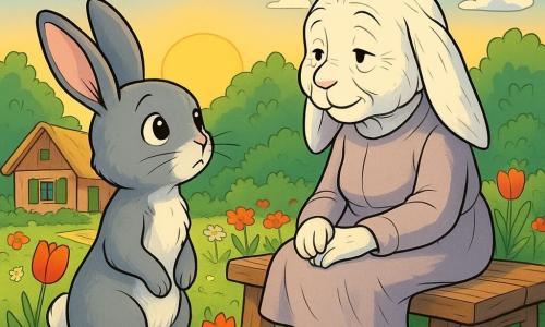 Ein kleiner grauer Hase mit leuchtenden, neugierigen Augen namens Lilli steht auf seinen Hinterbeinen, besorgt und nachdenklich, mit seinen großen aufrechten Ohren und seinem weichen, flauschigen Fell. Sie schaut ihre Großmutter an, eine alte weiße Häsin mit einem sanften, lächelnden Gesicht, die auf einer alten Holzbank sitzt, mit Falten, die Geschichten erzählen, und einem warmen, aber müden Blick. Der Garten ist voller bunter Blumen, mit roten Tulpen, weißen Gänseblümchen und leuchtenden Mohnblumen, unter einem hellblauen Himmel mit fluffigen Wolken. Im Hintergrund steht ein kleines Holzhaus mit grünen Fensterläden und einem Reetdach friedlich da. Lilli und ihre Großmutter teilen einen zärtlichen Moment, umgeben von der Schönheit des Gartens, während die Sonne langsam am Horizont untergeht und sanfte, goldene Schatten auf den Boden wirft.
