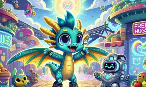 Lumi, a young dragon with shimmering teal and gold scales, stands on his hoverboard, eyes sparkling with excitement and a wide smile on his face. His outstretched wings catch the sunlight, creating a rainbow around him. Nearby, a friendly robot with round eyes and a silver metal body twirls joyfully, holding a glowing sign that says "Free Hugs!" next to a singing fruit stand. The setting is Tech Plaza, a vibrant futuristic market filled with colorful stalls, hanging gardens, and floating holographic panels. Fluffy clouds surround the scene, and glowing bridges connect different parts of the city in a bright blue sky. Intrigued by a mysterious signal on his tech compass, Lumi prepares to fly off on a new adventure, seeking to uncover the source of this intriguing message.