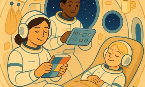 O astronaută liniștită și zâmbitoare, Maria, cu părul castaniu prins sub o bonetă moale, în costum spațial alb cu dungi albastre, plutind semi-șezând și ținând un mic carnet colorat și căști pufoase; prietena ei Ana, ~30 de ani, păr blond scurt, în același costum, somnoroasă și zâmbitoare într-un sac de dormit fixat pe peretele din dreapta; un tânăr astronaut, ~28 de ani, păr negru, în spatele lor, prins de o tabletă plutitoare și reglând butoane, privind-o afectuos pe Maria; interiorul stației, rotund ca o bulă, pereți crem și bleu-palid, panouri cu lumini blânde, cârlige cu saci și ferestre circulare mari care arată cerul înstelat și curbura albastră a Pământului; atmosferă caldă și calmă, lumină difuză, obiecte plutitoare ușoare (un pix, o cană fixată), texturi moi și forme rotunjite, paletă pastel cu accente aurii art-deco.