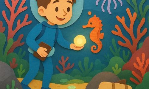 An 8-year-old boy, Milo, smiling and focused with tousled brown hair and curious eyes, wears a small blue wetsuit and a wide transparent "bubble-belt" creating an air bubble around his head; he holds a waterproof notebook in one hand and gently points at a glowing shell with the other, while an orange-coral seahorse named Pip with a tiny shiny loop at its waist floats cheerfully at shoulder height around the bubble, a square, beige-and-brown trunkfish stuck between two rocks nearby looks confused but harmless, a pale lavender jellyfish drifts above emitting a soft lantern-like glow, and Milo is placing glowing mint-green shells along a winding coral garden path of pink and orange arches, green sea ferns, golden sand and waving algae to guide creatures toward a peaceful "Lantern Maze," gently helping the trunkfish free in a soft, colorful, benevolent atmosphere.