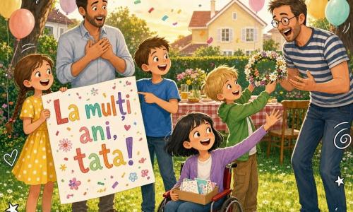 Sunt șase personaje: Ana, fată ~9 ani, păr șaten împletit, rochie galbenă cu buline albe, stând în stânga cu o pancartă mare „La mulți ani, tata!” și zâmbind; Matei, băiat ~10 ani, păr scurt șaten, tricou albastru, în centru, arătând cu degetul o literă desenată, mândru; Luca, băiat ~8 ani, păr blond rebel, vestă verde, lângă Ana, împletind o coroană de flori; Ioana, fată ~9 ani, păr negru scurt, în scaun cu rotile roșu, puțin în față, ținând cutie cu carduri ghicitori și ridicând mâna să înceapă jocul; tatăl Anei, bărbat ~35 ani, barbă scurtă, cămașă deschisă, în spate stânga, surprins și emoționat cu mâinile pe piept; tatăl lui Luca, bărbat ~40 ani, ochelari rotunzi, tricou în dungi, în spate dreapta, râzând și venind să primească coroana. Locație: grădină suburbană însorită cu gazon verde, păpădii, masă din lemn cu față de masă în carouri roșii, ghirlande de fanioane colorate între copaci, baloane pastel, ramuri ce fac umbre și o casă galben pal în fundal. Situație: surpriză pentru tați — scenă dinamică și veselă cu pancarta desfăcută, coroane de flori oferite, confetti colorate în aer, zâmbete și priviri emoționate, lumină blândă de apus și culori vii.