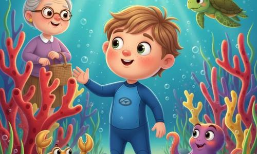 A 6-year-old boy, moved and amazed, round face with freckles and tousled light brown hair, wearing a small blue wetsuit, gazes with bright wide eyes and gently reaches toward a large red gorgonian. A smiling, kind grandmother in her 70s with gray hair in a bun stands on the shore in the background, watching the sea proudly and holding a wicker bag. A curious octopus in purple and orange near the boy extends three arms in a friendly gesture by a rock. A golden crab stands calmly on a stone to the left with open claws. A peaceful sea turtle swims in the background to the right, with a broad silhouette and textured green shell. The setting is an underwater forest of tall, thin gorgonians in vivid reds, yellows, and purples, with waving sea grasses, small glowing bubbles, and rays of sunlight piercing turquoise water. The scene shows the boy discovering the gorgonian forest, with a gentle, magical mood, a colorful palette and strong contrasts, warm filtered lighting, and a clear, child-friendly centered composition.