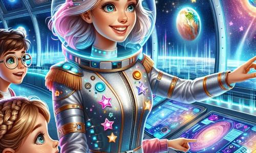 Im Mittelpunkt des Bildes steht Captain Lila, eine mutige Frau mit einem strahlenden Lächeln, die einen glänzenden silbernen Raumanzug mit bunten Sternen trägt. Ihre Haare wehen leicht im Wind, und ihre Augen funkeln vor Aufregung, während sie ein futuristisches Steuerpult zeigt. Rechts von ihr schaut Max, ein etwa 10-jähriger Junge mit runden Brillen und zerzausten braunen Haaren, staunend auf Bildschirme, die farbige Planeten zeigen. Links von ihr zeigt Mia, ein 9-jähriges Mädchen mit langen geflochtenen blonden Haaren und einem rosa Raumanzug, auf ein großes Fenster, fasziniert von einer wunderschönen Sternenlandschaft. Der Ort ist eine futuristische Raumstation mit transparenten Wänden, die einen strahlenden Sternenhimmel und farbige Planeten im Hintergrund zeigen. Helle Lichter und schwebende holographische Bildschirme umgeben sie und schaffen eine dynamische, magische Atmosphäre. Die Hauptsituation zeigt Captain Lila und die Kinder, die die Raumstation entdecken, fasziniert von den Wundern des Universums, während ein kleiner Roboter namens Buzzy sie führt und ermutigt, gemeinsam zu erkunden.