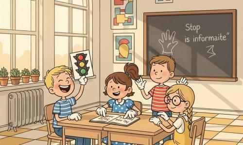 Vier kinderen rond een tafel in een zonnig klaslokaal: een 10-jarige meisje met bruine paardenstaart, rond gezicht en sproeten, zit in het midden en wijst naar haar schrift met de tekst "Stop / Nog een keer"; een 11-jarige jongen links met kort blond haar en brede glimlach houdt een tekening van een verkeerslicht en lacht uitbundig; een 10-jarige meisje rechts met blonde twee vlechten en ronde bril tikt twee keer zacht op de tafel en glimlacht verlegen; een 11-jarige jongen met kastanjebruin haar en gestreept T-shirt staat achter de tafel met licht opgeheven handen, klaar om te luisteren en de regel te respecteren. Lokaal: grote ramen links, gietijzeren radiator, vetplanten op de vensterbank, kleurrijke posters, lichte houten tafels in eiland, crème-geel geruite vloer, zwart bord met krijt en handgeschreven "Stop is informatie". Situatie: ze spelen "Stop en Nog een Keer" met duidelijke gebaren (tikken, high-five, hand omhoog), warme kleuren, contrastrijke cartoonstijl en zachte schaduwen voor een retro, uitnodigende sfeer.