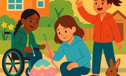 Three girls, about 12: Maya, brown mid-length hair, light blue hoodie, crouched center holding a glowing pink brush and looking at a large painted Easter egg on the concrete sidewalk; Zoe, dark hair in a ponytail, bright red jacket, standing right and joyfully gesturing with a yellow brush leaving luminous strokes; Alina, black braided hair, green jacket, seated in a wheelchair slightly left, painting turquoise stars around the egg with a teal brush and smiling at her friends. They are in a sunny suburban front yard on a wide sidewalk turned into bright chalk art, with small houses, a bed of yellow daffodils and a light wooden garden gate and shed in the background; a small brown rabbit with a grassy collar and key charm sits near the gate watching calmly, magical brushes float and the paint emits a soft glow, springtime golden light, soft shadows, bold poster-like shapes and clear contrasts.