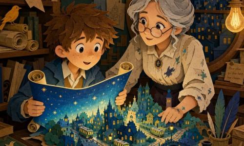 A 10-year-old boy with a round freckled face, messy brown hair, and a shy, amazed smile holds a large parchment glowing with soft blue light, his fingers on its starry edge; behind a wooden desk Madame Oriole, an adult cartographer with silver hair in a bun, round glasses and an ink-stained smock, leans toward him with a warm, sparkling-eyed expression. On the table a miniature animated map floats—streets, tiny trams and moving roofs in saturated blues, emerald greens and warm yellow lamplight. The cozy paper-cut workshop has shelves of scrolls, maps hung like birds, a round window looking out over nighttime rooftops and filament lamps; the map’s light illuminates their faces and casts cut-paper shadows on the wooden floor.