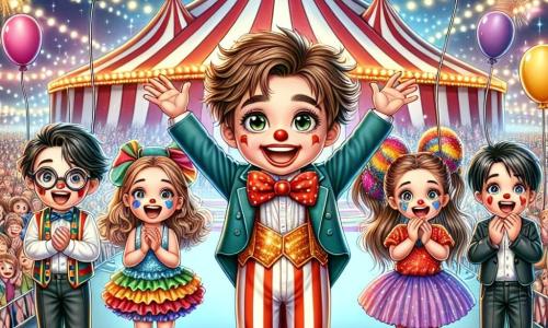 În centrul imaginii, Andrei, un băiat de zece ani cu părul castaniu și un zâmbet mare, poartă un costum de clown colorat cu o cravată roșie și pantofi uriași. La dreapta lui, Raluca, o fetiță de nouă ani cu părul lung și blond, poartă o pălărie de clown și râde încurajându-l. La stânga, Mihai, un băiat de zece ani cu părul negru și ochelari, ține baloane colorate și aplaudă entuziast. Daria, o fetiță de opt ani cu împletituri brune, stă în spatele lor cu brațele ridicate, pregătită să-i susțină. Decorul este un circ vibrant, plin de lumini strălucitoare și culori vii, cu o mare cortină în fundal, înconjurată de spectatori uimiți. Cerul nocturn este plin de stele, iar artificiile iluminează scena. Situația principală îl arată pe Andrei, stând în centrul scenei, jonglând cu bile colorate, în timp ce un mare cerc de foc strălucește în jurul lui. Prietenii îl încurajează cu zâmbete și strigăte de bucurie, creând o atmosferă magică și festivă.