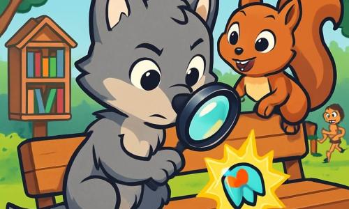 Wolfje, een kleine wolf met sprankelende ogen en een zachte grijze vacht, zit op een houten bank, nieuwsgierig en vastberaden. Hij houdt een vergrootglas in een poot en bestudeert aandachtig een mysterieuze glanzende sticker met het woord "PISTE" in kleurrijke letters. Naast hem kijkt Evi, een eekhoorn met een rossige vacht en een pluizige staart, opgewonden toe, haar ronde ogen stralend van nieuwsgierigheid. Ze zit op de leuning van de bank, klaar om te springen en te verkennen. Op de achtergrond is er een kleine houten bibliotheek met kleurrijke boeken, omringd door bomen met heldergroene bladeren en een heldere blauwe lucht, wat een vrolijke en uitnodigende sfeer creëert. De scène toont Wolfje en Evi die een onderzoek doen naar aanwijzingen om een mysterie op te lossen, terwijl kinderen vrolijk om hen heen spelen, wat een levendige sfeer aan dit boeiende avontuur toevoegt.