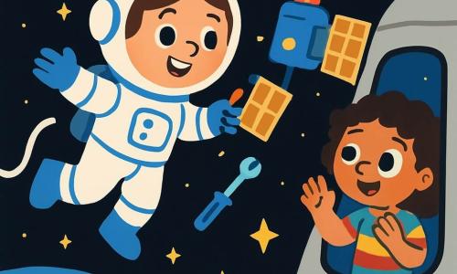Uma astronauta sorridente, Ana, uma mulher de cabelos castanhos presos em um coque, veste um traje espacial branco e azul, flutuando no espaço com estrelas brilhantes ao seu redor. Seus olhos brilham de excitação e curiosidade enquanto trabalha em um satélite que emite luzes piscantes. Perto dela, uma menina de 8 anos, Bia, com cabelos cacheados e um vestido colorido, observa maravilhada pela janela da nave espacial, com as mãos apoiadas no vidro, fascinada pela cena. Ao fundo, um vasto espaço negro pontilhado de estrelas cintilantes e uma Terra azul e verde embaixo, criando um contraste impressionante. A cena principal mostra Ana consertando o satélite, com ferramentas flutuando ao redor, enquanto Bia admira a beleza do cosmos, cheia de admiração e vontade de explorar.