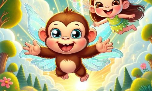 Um macaco alegre chamado Léo, com pelagem marrom e olhos brilhantes, está voando no ar, com os braços abertos e um grande sorriso no rosto, cercado por um brilho mágico. Ao lado dele, uma linda fada com asas cintilantes e um vestido colorido sorri e o encoraja a explorar o céu. Abaixo, uma floresta exuberante com árvores verdes, flores coloridas e raios de sol filtrando pelas folhas cria uma atmosfera encantada. A cena mostra Léo em pleno voo, descobrindo a magia da amizade e da aventura, enquanto a fada o acompanha nessa experiência incrível.