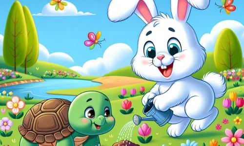 Um coelhinho chamado Léo, com grandes orelhas e pelagem branca, está alegre e sorridente, pulando em um jardim colorido cheio de flores vibrantes. Ao lado dele, uma tartaruga chamada Tita, com uma carapaça verde e olhos brilhantes, observa maravilhada as flores que começam a brotar, movendo-se lentamente pela grama. Ao fundo, um céu azul claro ilumina a cena, enquanto árvores com folhas verdes dançam suavemente na brisa da primavera. Léo e Tita estão cercados por terra frescamente arada, onde sementes coloridas estão plantadas, e se preparam para regar o jardim juntos, cheios de empolgação e amizade.